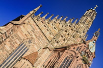 Germany, Bavaria, Nuremberg, Marktplatz, Facade of the 14th century Frauenkirche or Church of Our Lady, also visible is the  Männleinlaufen a mechanical clock that commemorates the Golden Bull of 135...