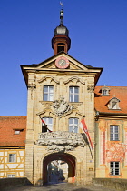 Germany, Bavaria, Bamberg, Altes Rathaus or Old Town Hall, Balcony and gateway to Old Town.