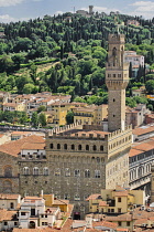 Italy, Tuscany, Florence, Piazza della Signoria, Palazzo Vecchio viewed from the Cathedral belltower.