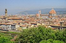 Italy, Tuscany, Florence, The bell tower and the dome of the Duomo with the tower of Palazzo Vecchio seen from Piazzale Michelangelo.