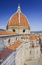 Italy, Tuscany, Florence, Duomo or Cathedral also known as Santa Maria del Fiorel, View of the dome from the ground looking up.