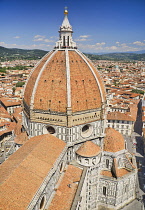 Italy, Tuscany, Florence, Duomo or Cathedral also known as Santa Maria del Fiorel, View of the dome from the cathedral's bell tower.