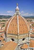 Italy, Tuscany, Florence, Duomo or Cathedral also known as Santa Maria del Fiorel, View of the dome from the cathedral's bell tower.