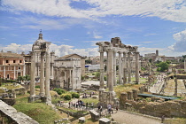 Italy, Rome, View of the Roman Forum from Capitoline Hill with ruins of the Arch of Septimus Severus and the Temple of Saturn prominent.