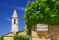 Italy, Tuscany, Val D'Orcia, Pienza, The belltower of the Duomo built in 1459 by the architect Bernardo il Rossellino for Pope Pius II seen from the Via Dell Amore.