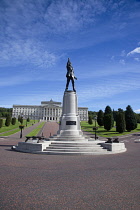 Ireland, North, Belfast, Stormont assembly building with statue of Lord Edward Carson in the foreground.