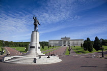 Ireland, North, Belfast, Stormont assembly building with statue of Lord Edward Carson in the foreground.