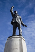 Ireland, North, Belfast, Stormont assembly building with statue of Lord Edward Carson in the foreground.