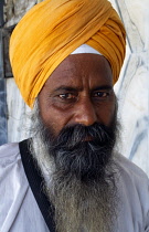 India, Delhi , Head and shoulders portrait of Sikh man wearing orange turban.