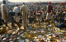 India, West Bengal, Sagar Island, Crowd of pilgrims bringing offerings to Sagar Island temple to Sage Kapil Muni during three day bathing festival.