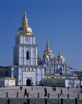 Ukraine, Kiev, Mikhailovsky square Bell Tower and Monastery, facade of tower Blue  white  gold domed.