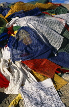 India, Ladakh, Religion, Close view of piled Buddhist prayer flags.