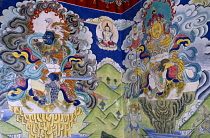 India, Ladakh, Religion, Mural at Buddhist monastery.