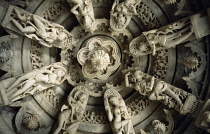 India, Rajasthan, Mount Abu, Detail of intricately carved ceiling of Jain temple.