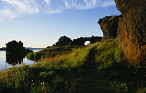 Iceland, Kalfastrond, Lava formations on the south coast of Lake Myvatn.