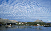 Iceland, Skagafjorour, Hofsos Island, Seaside village with boats on water and houses built along shoreline.