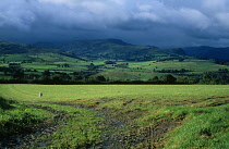 England, Cumbria, Lake District, View across green field from Blencathra centre towards Saddle Beck and Lowrigg.