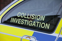 England, Kent, Police road traffic collision team car with reflective decals.