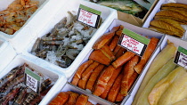 Food, Fresh, Markets, Display of seafood fish and shellfish.
