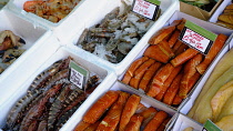 Food, Fresh, Markets, Display of seafood fish and shellfish.