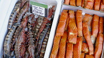 Food, Fresh, Markets, Display of seafood fish and shellfish.