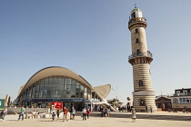 Germany, Warnemunde, The lighthouse and Teepott Restaurant.