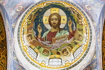 Russia, St Petersburg, Christ mosaic in dome, Church on Spilled Blood, also Church of the Saviour on Spilled Blood.
