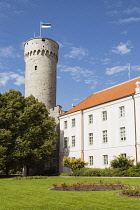 Estonia, Tallinn, Pikk Hermann Tower, part of Toompea Castle, and Estonian Parliament building.