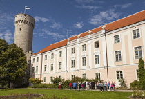 Estonia, Tallinn, Pikk Hermann Tower, part of Toompea Castle, and Estonian Parliament building.