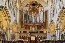 England, Somerset, Wells Cathedral, Organ and Choir stalls.