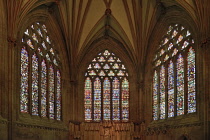 England, Somerset, Wells Cathedral, Stained glass windows in The Lady Chapel.