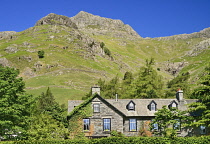 England, Cumbria, English Lake District, Langdale Pikes from Langdale Valley.