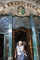 Portugal, Estremadura, Lisbon, Chiado, Entrance to Cafe A Brasileira on Rua Garrett.