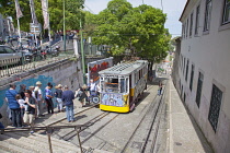 Portugal, Estremadura, Lisbon, Bairro Alto, Elevador da Gloria, Funicular railway tram covered in graffiti.