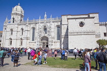 Portugal, Estredmadura, Lisbon, Belem, Mosterio Dos Jeronimos, Exterior of the monastery with crowds of tourists.