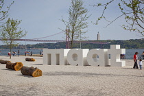 Portugal, Estredmadura, Lisbon, Belem, MAAT sign outside Museum of Art, Architecture and Technology on the banks of the river Tagus.