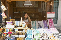 Portugal, Estremadura, Lisbon, Baixa district, Wooden chalet stall selling tourist goods.