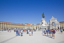Portugal, Estremadura, Lisbon, Baixa, Praca do Comercio with equestrian statue of King Jose and Rua Augusta triumphal arch.