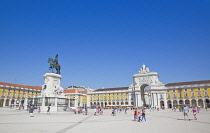 Portugal, Estremadura, Lisbon, Baixa, Praca do Comercio with equestrian statue of King Jose and Rua Augusta triumphal arch.