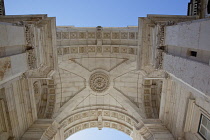 Portugal, Estremadura, Lisbon, Baixa, Praca do Comercio, Detail of Rua Augusta triumphal arch.