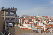 Portugal, Estredmadura, Lisbon, Baixa, Elevador Santa Justa and rooftops.