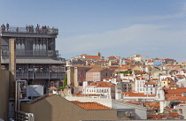 Portugal, Estredmadura, Lisbon, Baixa, Elevador Santa Justa and rooftops.