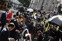 Politics, Media, Communications, Press hoards on gantry in Downing Street during 2017 General Election.