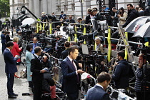 Politics, Media, Communications, Press hoards on gantry in Downing Street during 2017 General Election.