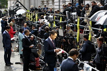 Politics, Media, Communications, Press hoards on gantry in Downing Street during 2017 General Election.