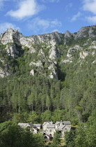 France, Lozere 48, Gorges du Tarn, Riverside village, below cliffs.