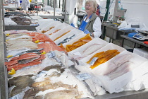 Ireland, North, Belfast, St George's Market interior, Display of fresh fish on ice.