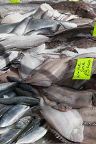 Ireland, North, Belfast, St George's Market interior, Display of fresh fish on ice.