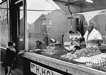 England, Merseyside, Bootle, Dog at Butchers window eyeing up meat and sausages.