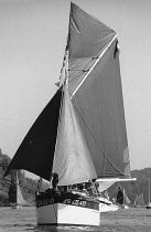 France, Brittany, La Roche Bernard, Old Gaffer traditional sailing boat on the River Villaine, 1987.